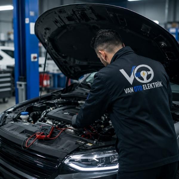 Van oto elektrikçi ustası araç elektrik arızasını ölçüm cihazıyla kontrol ediyor